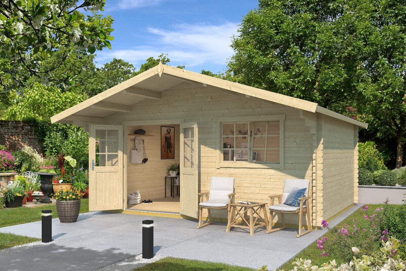 Claremont log cabin with pitched roof and front overhang