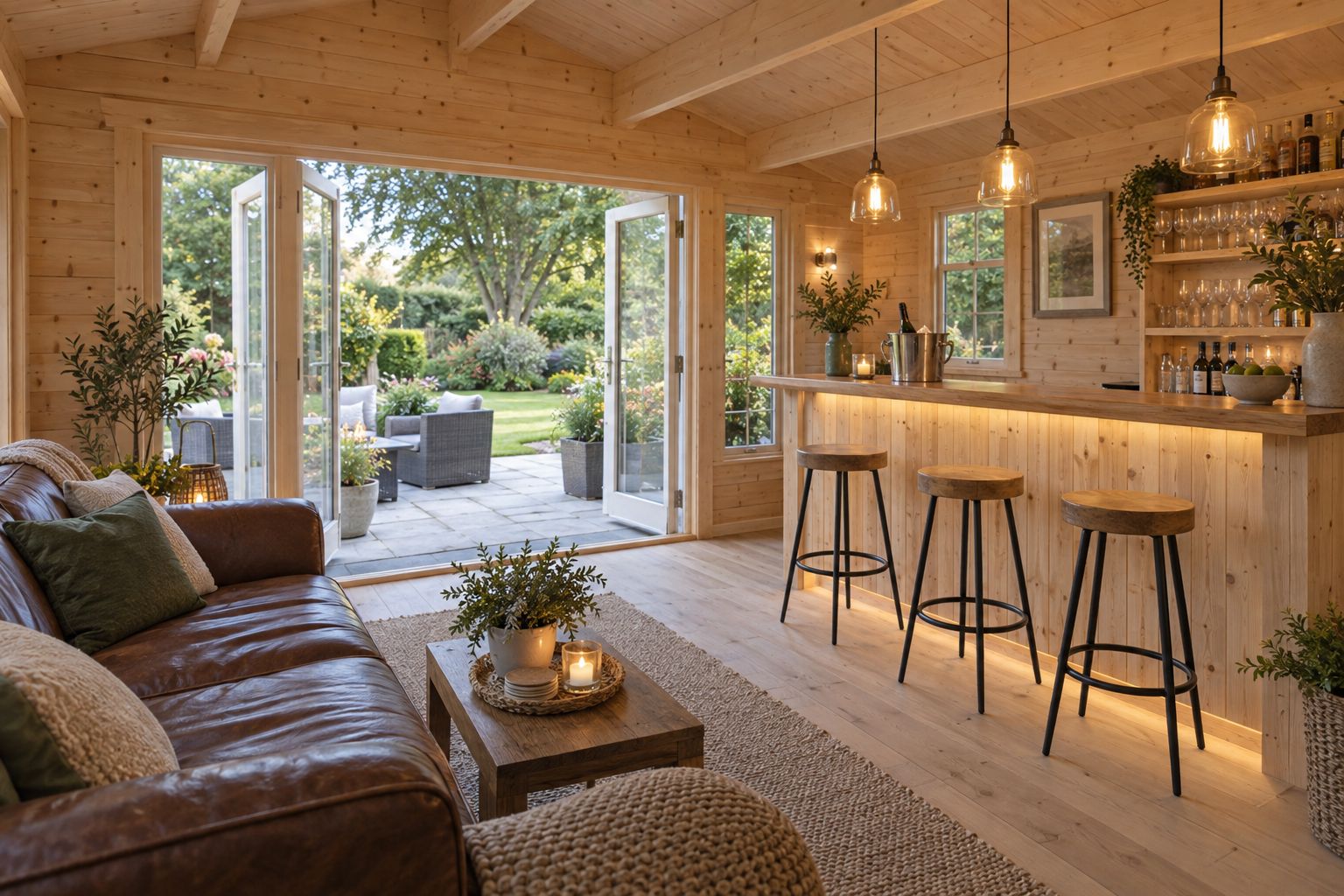 Illustration of a garden room used as garden bars and man caves