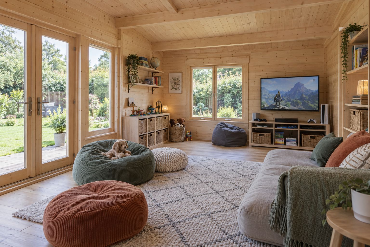 Illustration of a garden room used as playrooms and teen dens