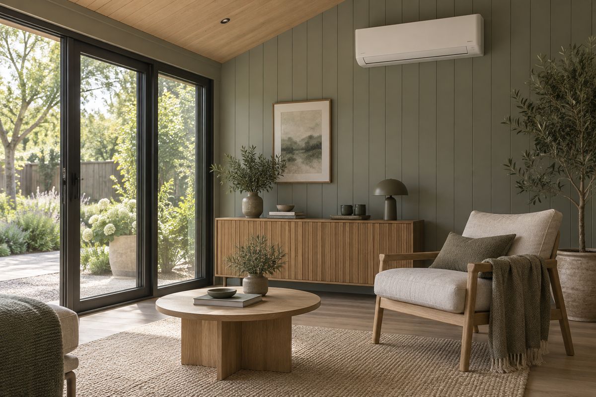 Illustration: A garden room interior with a wall-mounted heating and cooling unit