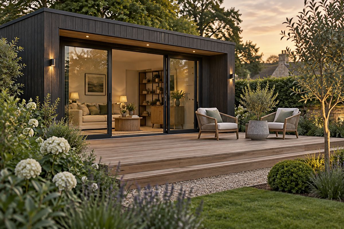 Illustration: Timber decking with outdoor chairs in front of a garden room