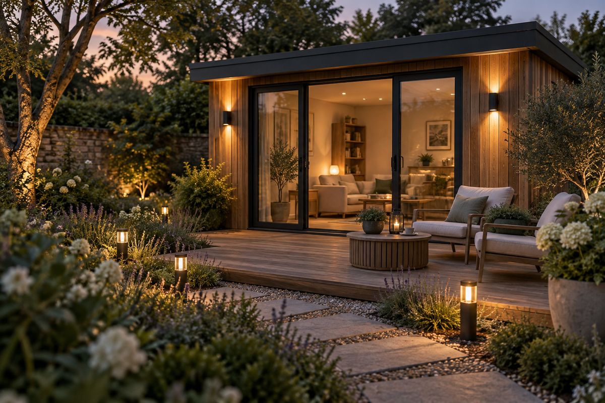 Illustration: A garden room at dusk with exterior wall and path lights