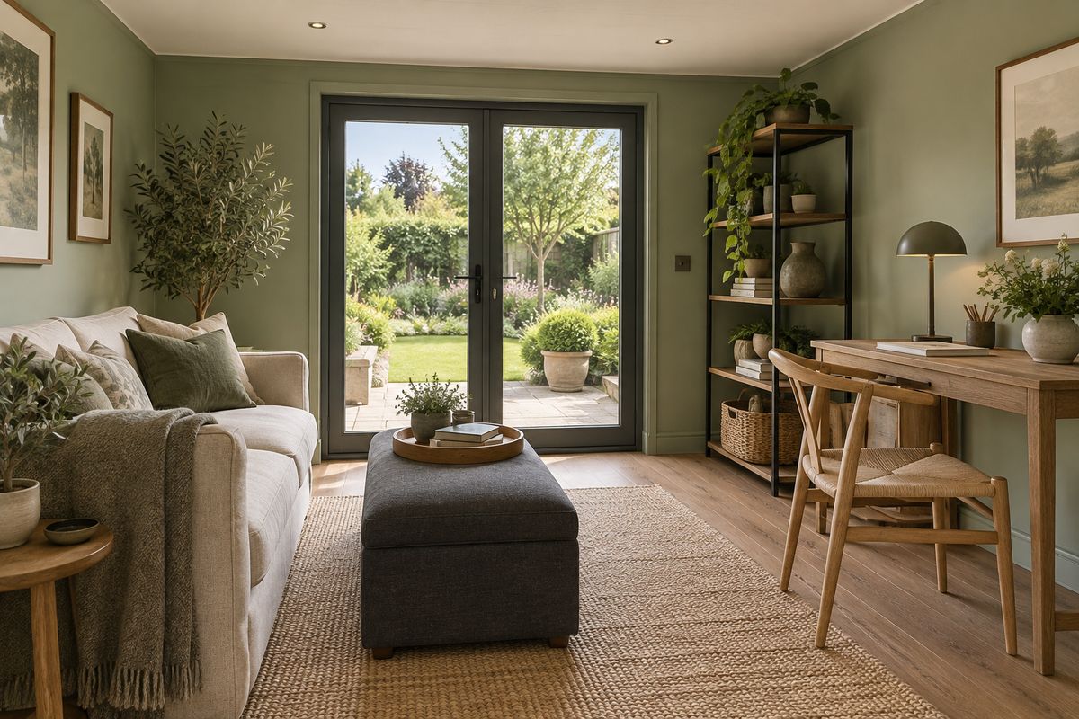 Illustration: A garden room interior painted in soft sage green