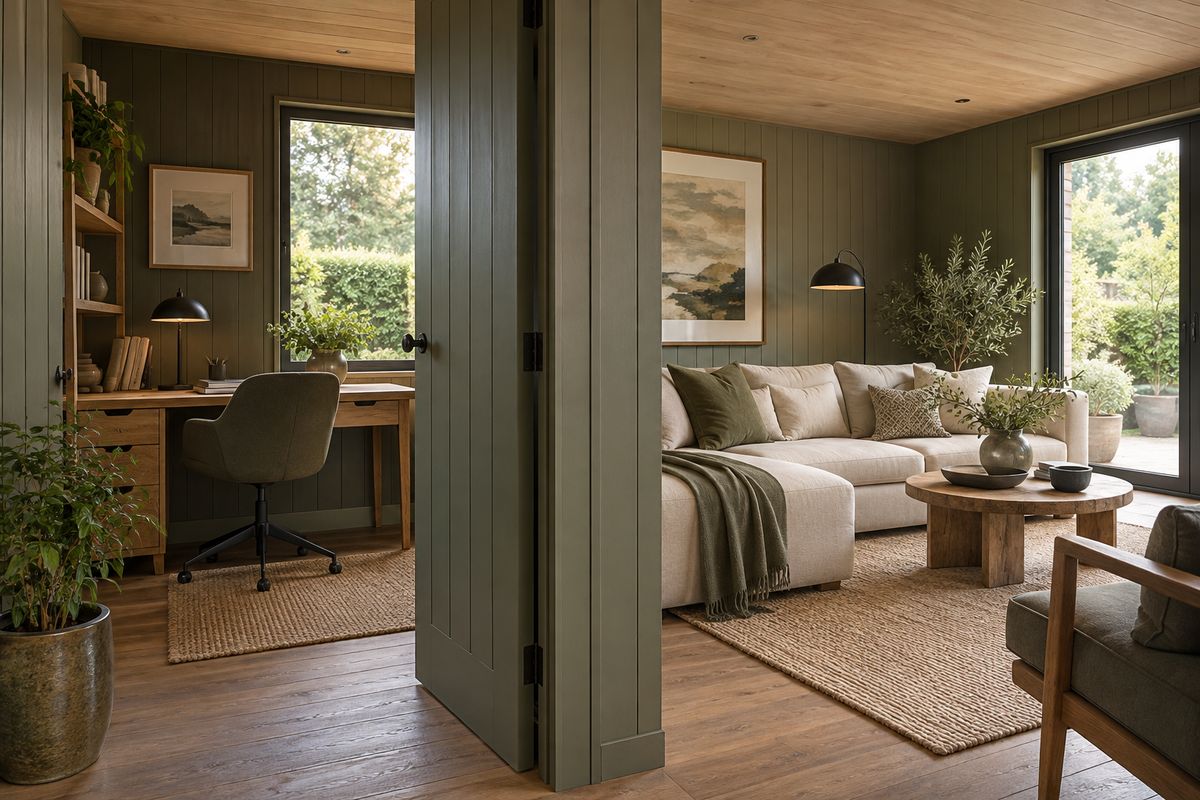 Illustration: A garden room divided by a partition wall into a study and a lounge