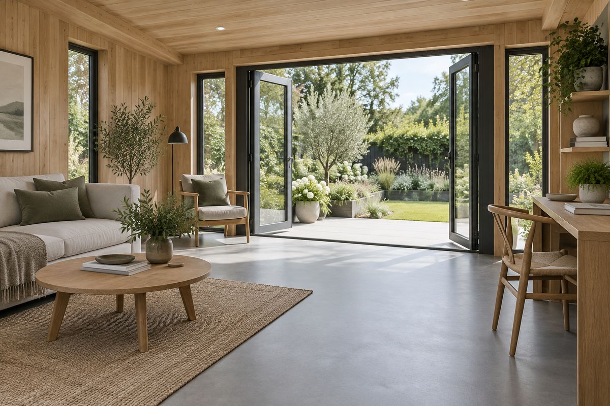 Illustration: Grey vinyl flooring in a bright garden room