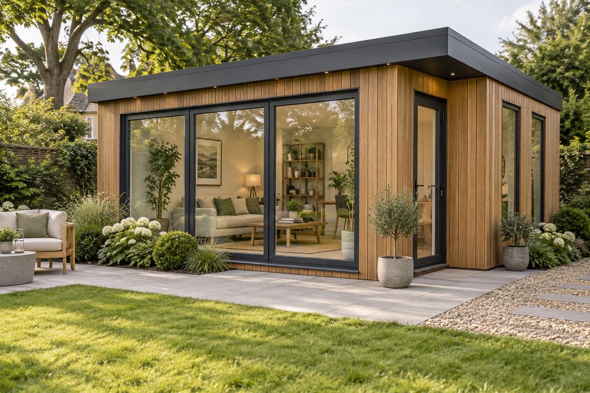 Illustration: A garden room with extra windows and a glazed side door